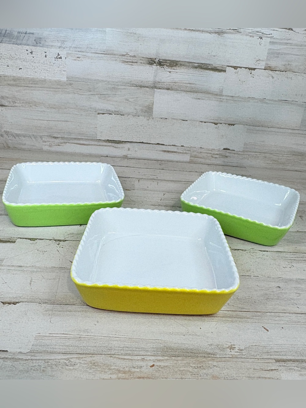 Lot Of 3 Vintage Valentina Yellow Green Scalloped Edge Stoneware Baking Dish